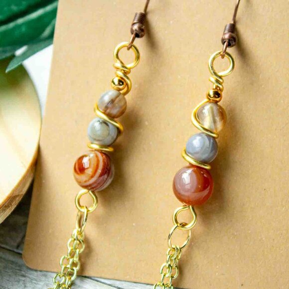 Elegant Three-Bead Multicolor Agate Dangle Earrings with 14k Gold Chain - Picture 2 of 9